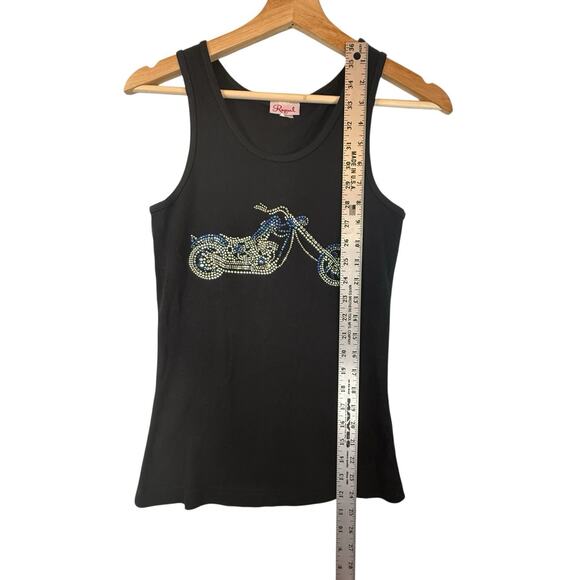 VTG Black Ribbed Tank RHINESTONE Motorcycle TrampStamp SIZE LARGE Raquel Biker - Picture 3 of 9